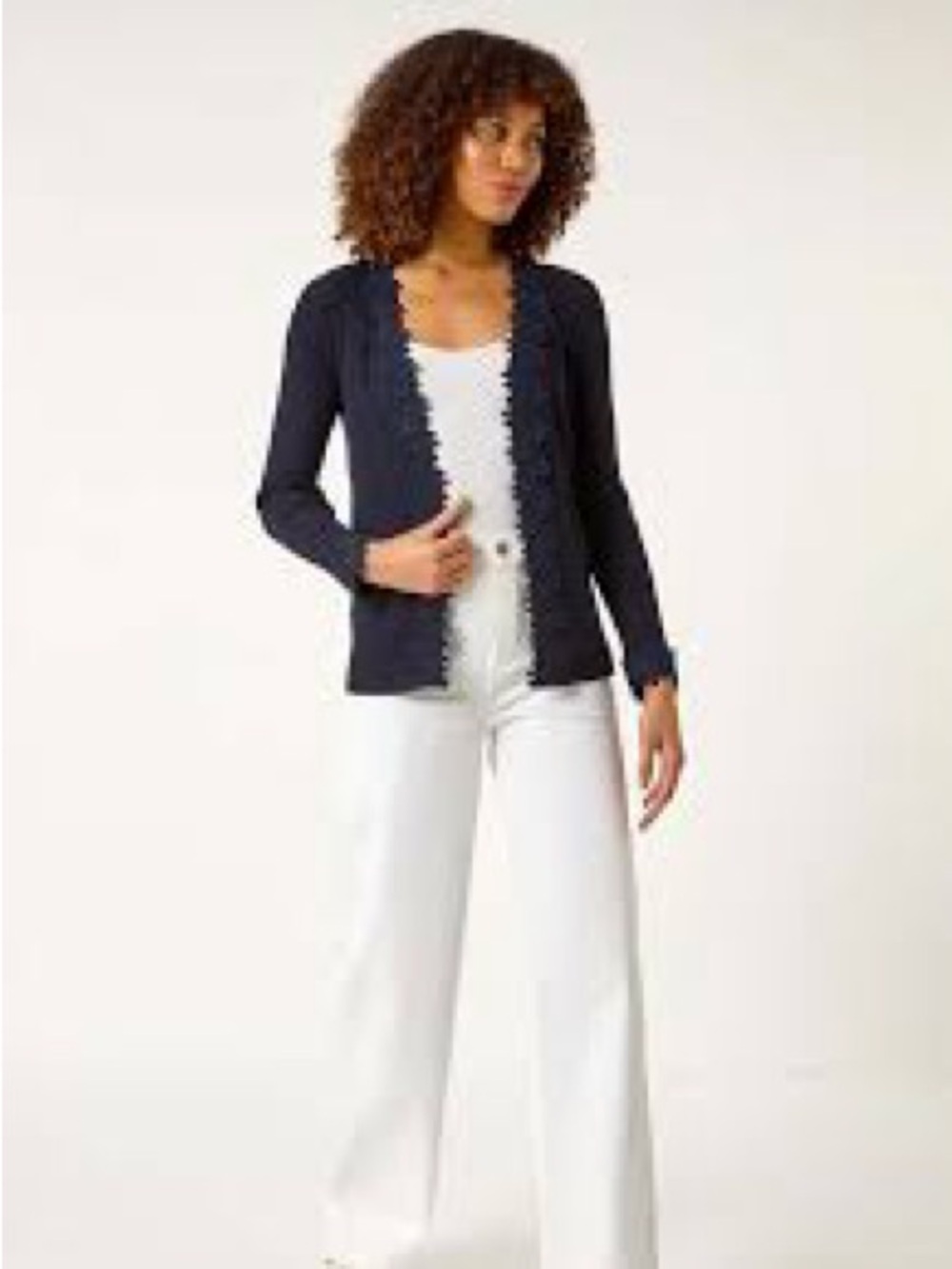 LOFT Navy Scallop-Edge Open Cardigan